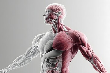 stylized 3D human anatomy diagram, muscles semi-transparent to reveal internal organ systems
