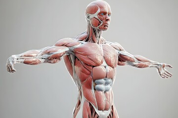 stylized 3D human anatomy diagram, muscles semi-transparent to reveal internal organ systems
