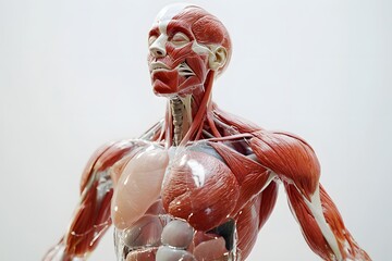 stylized 3D human anatomy diagram, muscles semi-transparent to reveal internal organ systems
