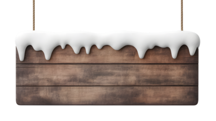 Rustic wooden sign with fresh snow draped over top, perfect for winter, isolated on white background.