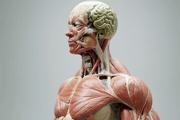 stylized 3D human anatomy diagram, muscles semi-transparent to reveal internal organ systems
