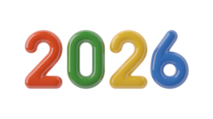 Bright, colorful 2026 numbers celebrate future and new beginnings, isolated on white background.
