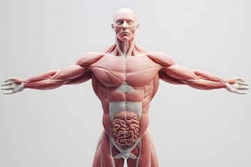 stylized 3D human anatomy diagram, muscles semi-transparent to reveal internal organ systems
