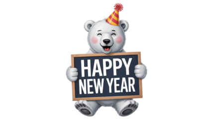 Cute Bear celebrates New Year's with festive hat and sign, isolated on white background.
