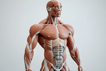 stylized 3D human anatomy diagram, muscles semi-transparent to reveal internal organ systems
