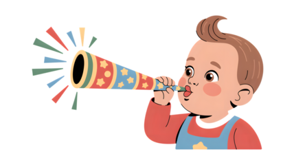 Joyful toddler blowing party horn celebrating a fun occasion with excitement, isolated on white background.