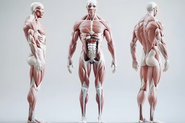 stylized 3D human anatomy diagram, muscles semi-transparent to reveal internal organ systems
