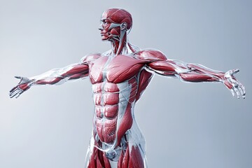 stylized 3D human anatomy diagram, muscles semi-transparent to reveal internal organ systems
