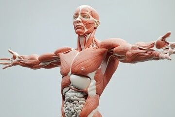 stylized 3D human anatomy diagram, muscles semi-transparent to reveal internal organ systems
