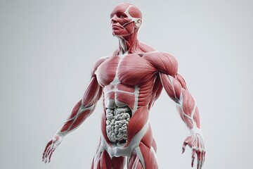 stylized 3D human anatomy diagram, muscles semi-transparent to reveal internal organ systems
