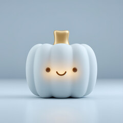 Cute Smiling Pumpkin Character with Soft Light and Gold Stem