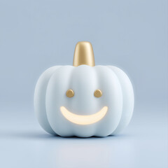 3D Smiling Pumpkin Face Object in Minimal Pastel Blue and Gold