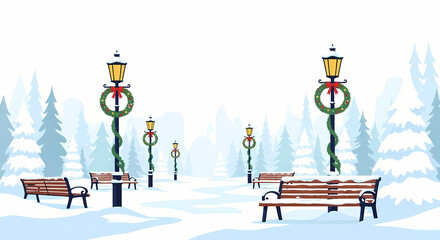 Vector of snowy city street with lamp posts and benches in winter atmosphere. Suitable for urban holiday illustrations.