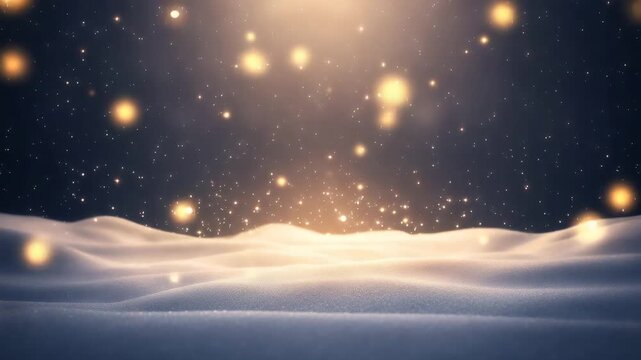 Winter wonderland scene showing snow mounds under a dark sky with falling light particles