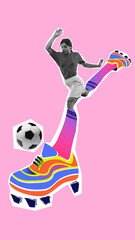 Digital trendy poster. Female soccer player kicking ball with oversized colorful cleats on pink background. Concept of sport branding, education visuals, health communication, and youth empowerment.