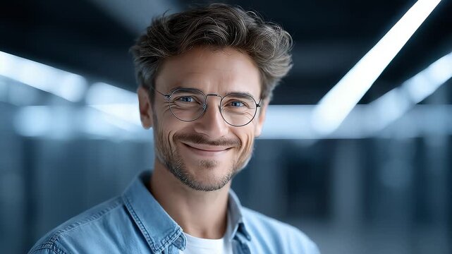 Confident Man Smiling in Futuristic Background