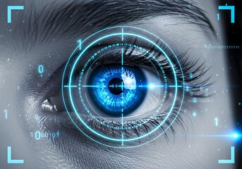 A striking and futuristic close-up photograph of a human eye, digitally enhanced to represent biometric identification and advanced technology