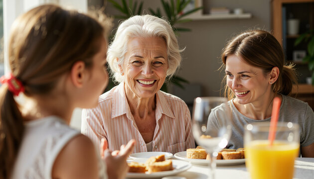 Grandmother smiling with granddaughter and daughter at birthday table