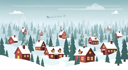 Vector panorama of a small snowy village with pine trees and mountain background. Perfect for greeting cards and holiday scenes.