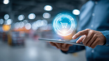 Man using a digital tablet to access online shopping in a modern warehouse environment with virtual cart icon and technology concept background