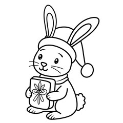 Woodland Animal Christmas black doodle outline. rabbit.