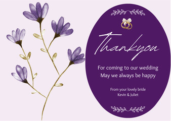 Watercolor Floral Pink and Purple Thankyou Wedding Card