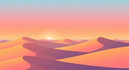 Minimal vector landscape of sand dunes glowing under an orange sunset sky. Suitable for travel, desert, and adventure scenes.