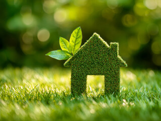 Naklejka premium Sustainable green house model covered with moss and leaves symbolizing eco-friendly living and environmental conservation in a natural grassy setting