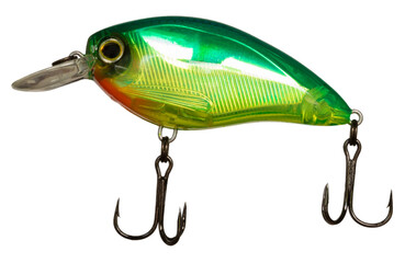 Prismatic glow on a green, yellow and orange fishing lure