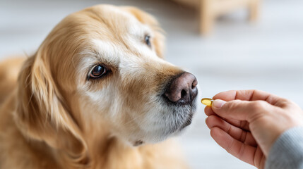 Woman offering yellow pill to Golden Retriever dog in a bright indoor setting.
