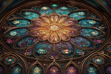 Obraz premium Intricate gothic rose window with vibrant stained glass illuminating a sacred architectural space with detailed patterns
