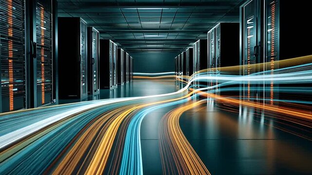Futuristic server room with flowing light trails representing data transmission. Dark theme, technology concept