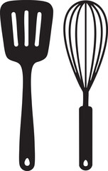 Black silhouette of a spatula and a whisk isolated on white background