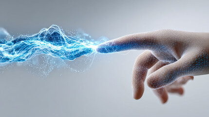 Human hand interacting with digital blue energy wave representing the connection between technology and human touch in a futuristic virtual environment