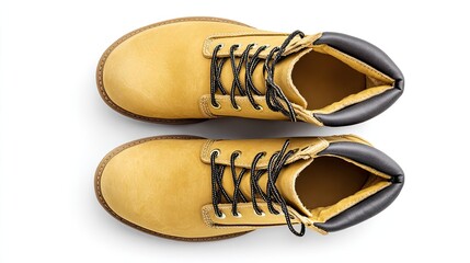 A pair of yellow lace up work boots are displayed from a top down view.