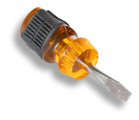 Translucent yellow flat headed screwdriver with rubber grip and shadow