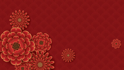 Flowers oriental style on red background have blank space.