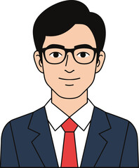 A professional man with black hair, glasses, a dark suit, and a red tie, presented in a vector illustration style.