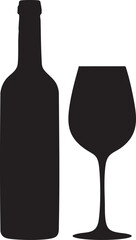 Black silhouette of a wine bottle and wine glass isolated on white background