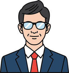 A man wearing a suit, tie, and glasses in a simple vector illustration style.