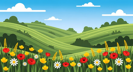 Vector landscape of green mountains and valley with blue sky and clouds. Great for travel, adventure, and outdoor backgrounds.