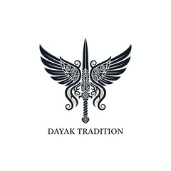 Obraz premium A tribal-inspired vector logo featuring a sword with intricate Dayak motifs and wings, symbolizing strength, heritage, and spiritual freedom. Perfect for cultural, traditional, or warrior-themed brand