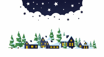 Minimal vector illustration of a snowy forest under a cloudy winter sky with gentle snowfall. Ideal for seasonal, holiday, and nature themes.