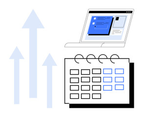 Laptop with analytics interface, calendar sheet, upward arrows representing progress. Ideal for productivity, planning, scheduling, project management, data tracking growth success. Simple flat