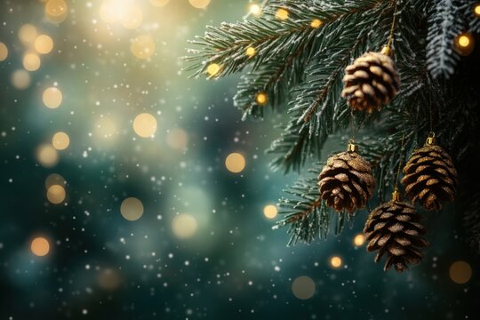 Cozy Christmas fir branch with pine cones on a blurred green background with golden bokeh. Atmosphere of home warmth, holiday magic and Christmas mood. Copy space for text