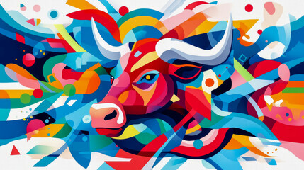 Obraz premium Dynamic Abstract Bull Head Artwork in Modern Cubist-Inspired Style, Bursting with Vibrant Hues, Geometric Patterns, and Flowing Shapes, Evoking Artistic Energy