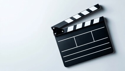 Fototapeta premium A clapperboard for film lies horizontally on a white surface, symbolizing the initiation of a new movie project and capturing the artistic heart of storytelling that unfolds during production
