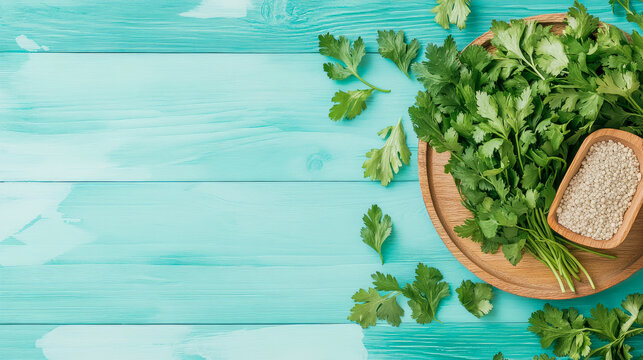 Culinary concept with fresh parsley and spices on a vibrant turquoise wooden table, ideal for healthy cooking promotion
