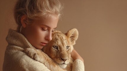 Young woman hugging a lion cub on pastel background.