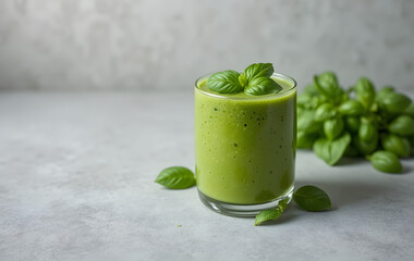 A glass of vivid green smoothie garnished with fresh basil leaves, resting on a light gray surface with a gentle, neutral-toned background.
